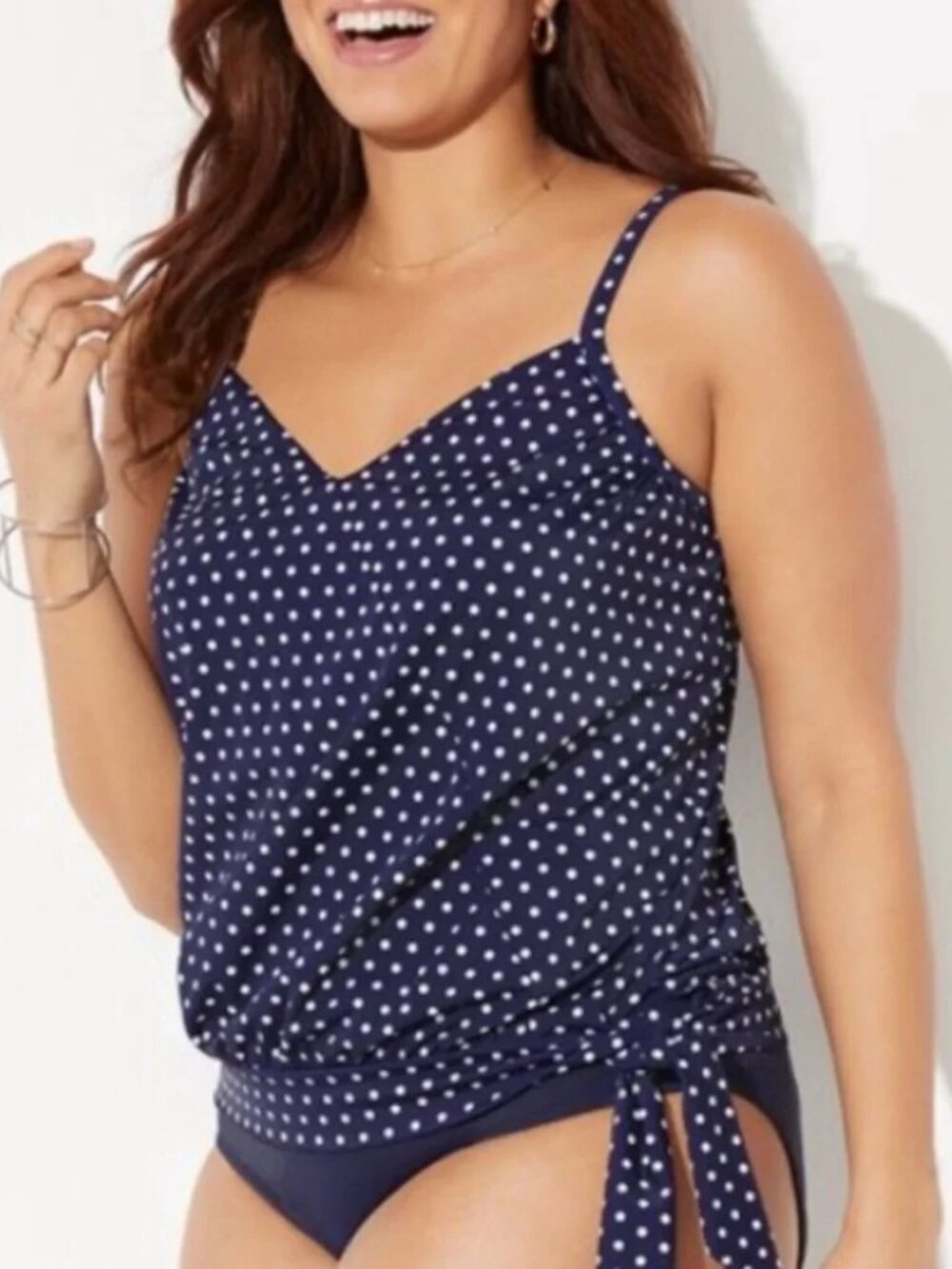 Swimsuits for All Navy Blue Polka Dot Tie-Hem Blouson Style Tankini Swim Top